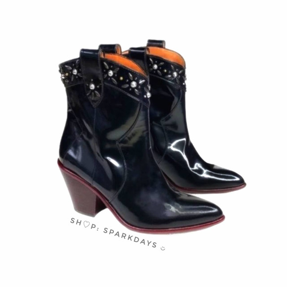 Coach 6 Booties Black Leather Western Ankle Cowgirl Floral Stud Cowboy NEW - Picture 1 of 12